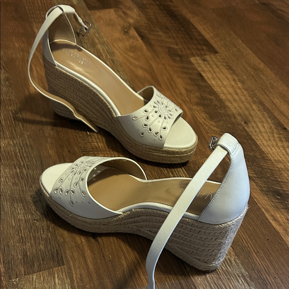 Ralph Lauren Cream Espadrille Wedge Sandals with Ankle Strap